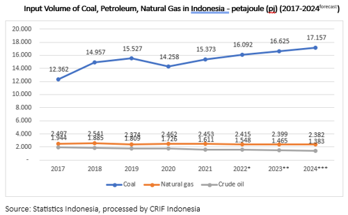 Input Volume of Coal, Petroleum, Natural Gas in Indonesia  - petajoule (pj) (2017-2024forecast)